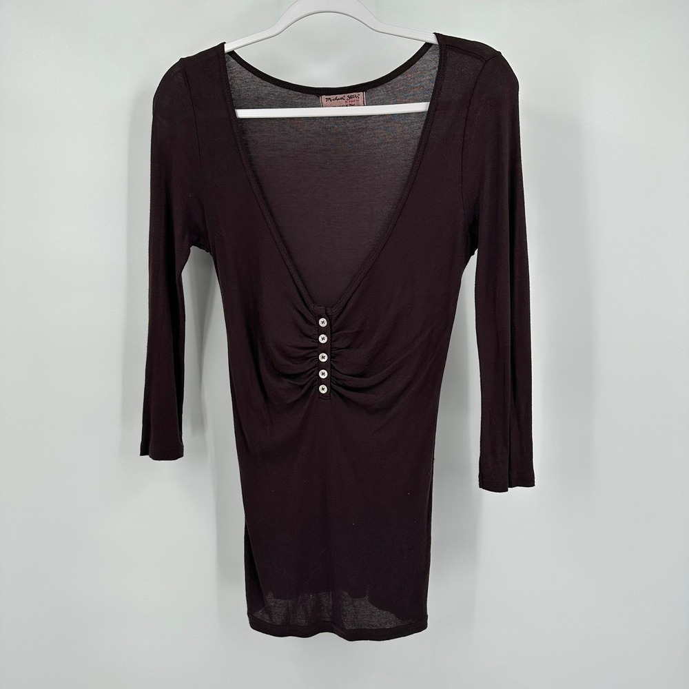 Michael Stars Original Tee Womens Y2K Henley Top OS Minimalist Indie Brown